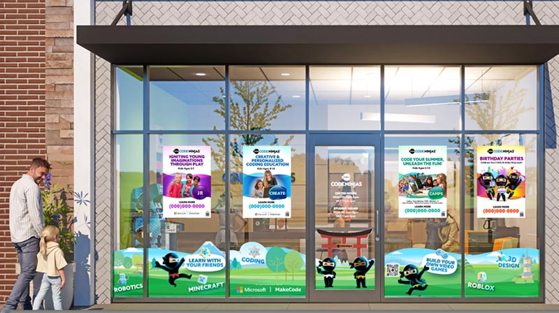 outside of a Code Ninjas center with a young girl walking in to take a class on learning to code