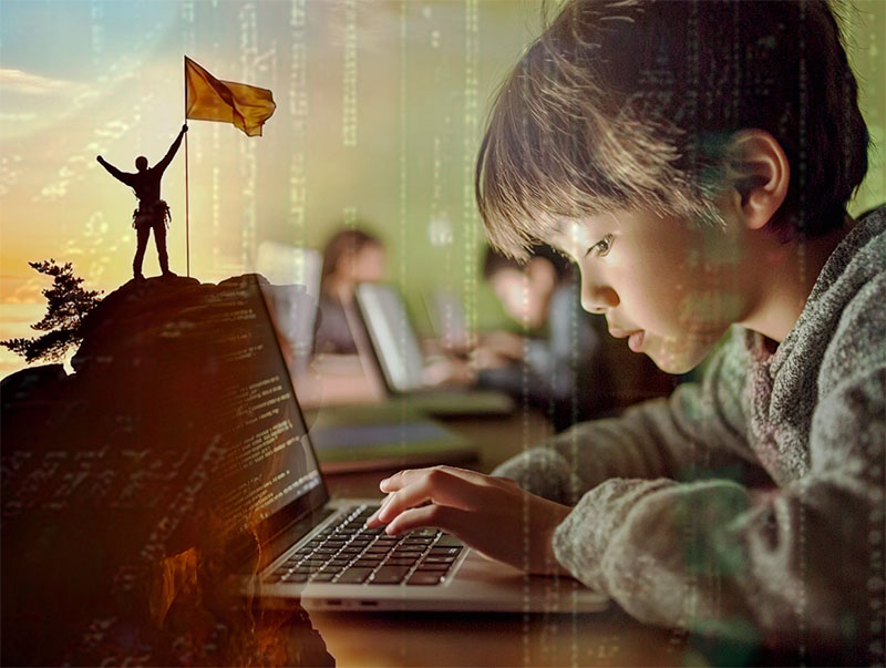 preteen boy solving coding challenges on his own with critical thinking skills
