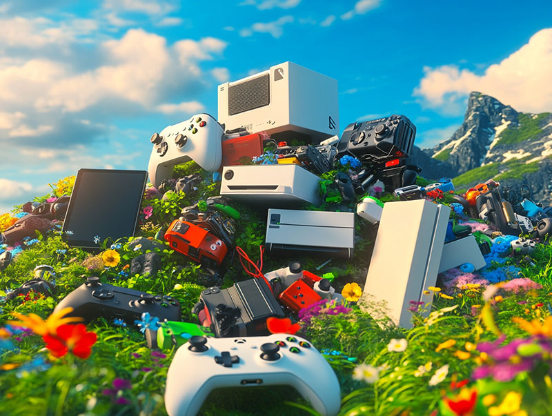 unplugged tech devices sitting in a field of wildflowers