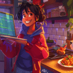 a teen girl showing off a project she coded to her proud parents and adoring dog